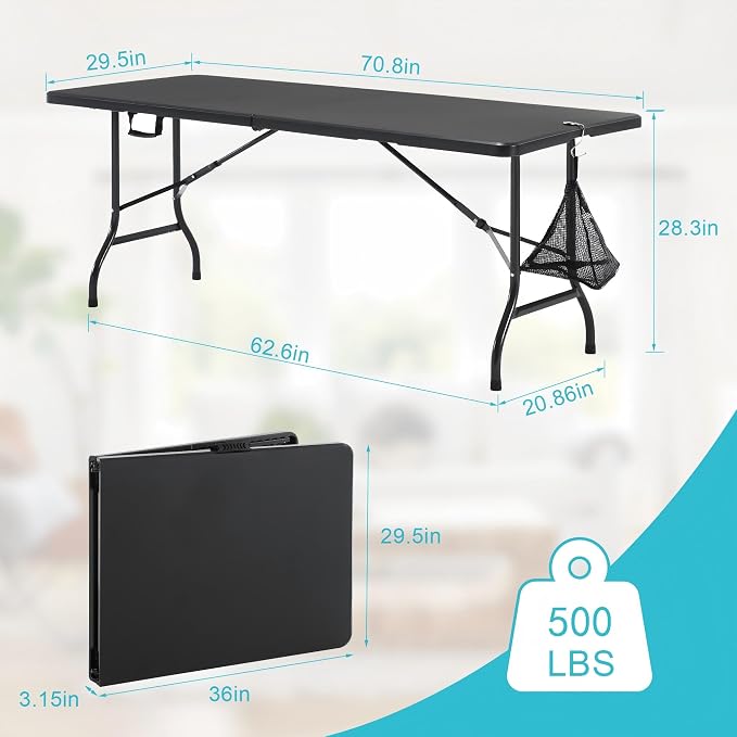 VECELO 6 ft Picini Table with Thickened Top | Removable Mesh Bag | Strong Side Support, 500lbs Weight Capacity Folding Table, Indoor & Outdoor, with Carrying Handle,Black