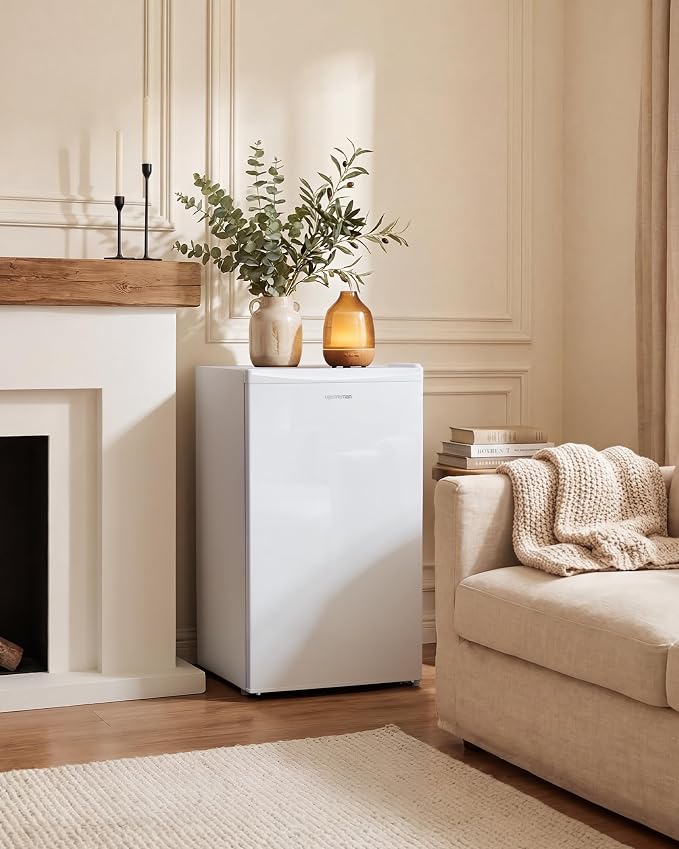 Upstreman 3.2 Cu.Ft Mini Fridge with Freezer, White-BR321 | Adjustable Thermostat, Energy Saving, Low Noise, Reversible Door, Small Refrigerator for Dorm, Bedroom, Office