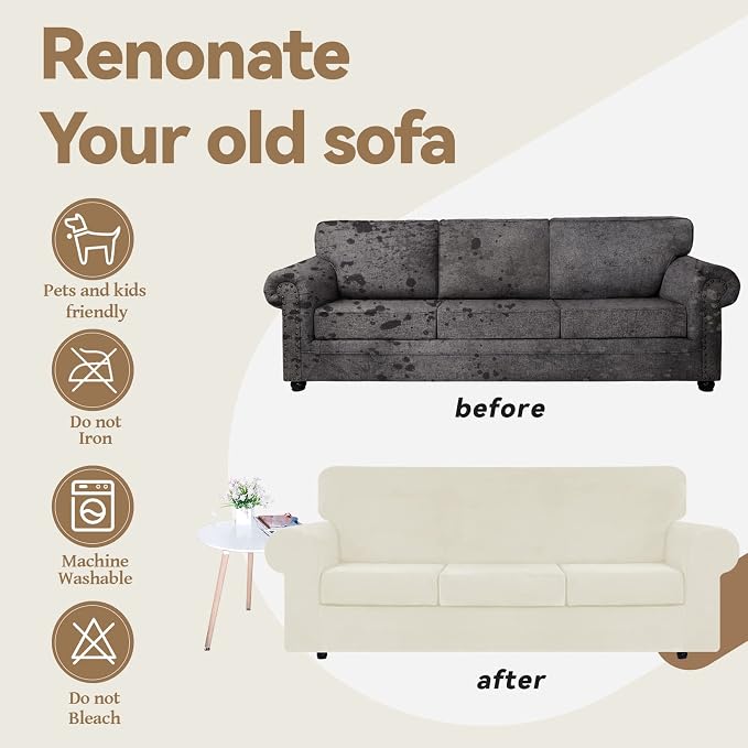 WEERRW 4 Pieces Couch Cover for Sofa Velvet Sofa Covers Washable, Ivory | Sofa Covers for 3 Cushion Couch Furniture Protector Sofa Slipcovers with Non Slip Elastic Bottom, Pet Friendly, Large