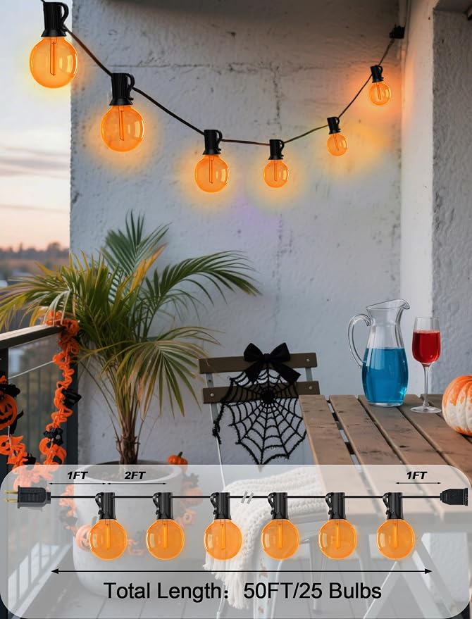 Halloween G40 LED String Light Dimmable, 50Ft Outdoor Globe Lights with 27 LED Orange Clear Replacement Bulbs(2 Spare), Halloween Decorations for Patio, Proch, Ghost Party, Yard Decor, E12 Base