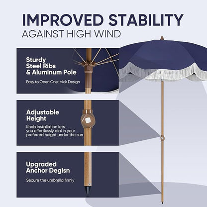Tempera Heavy Duty High Wind Beach Umbrella with Sand Anchor & Carry Bag | Patio Outdoor Umbrella with Aluminum Frame and Push Button Tilt, Ideal for Travel Garden Lawn, UPF 60+
