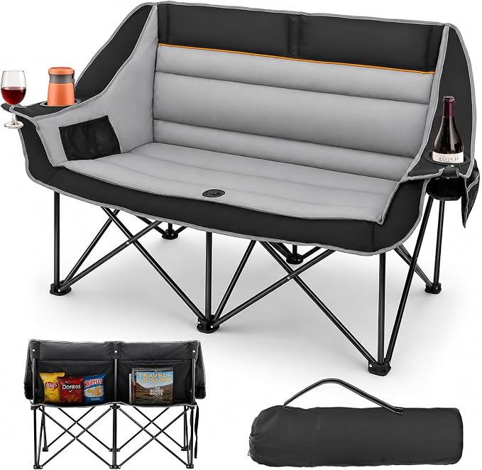 HOPERAN Double Camping Chair 660lb Camping Couch Oversized Folding Loveseat | 58" Wide Seat, 600D Fabric, 2 Person Camp Chair, Heavy Duty, Side&Rear Pocket, Cup&Wine Glass Holder, for Lawn Patio Beach
