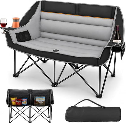 HOPERAN Double Camping Chair 660lb Camping Couch Oversized Folding Loveseat | 58" Wide Seat, 600D Fabric, 2 Person Camp Chair, Heavy Duty, Side&Rear Pocket, Cup&Wine Glass Holder, for Lawn Patio Beach