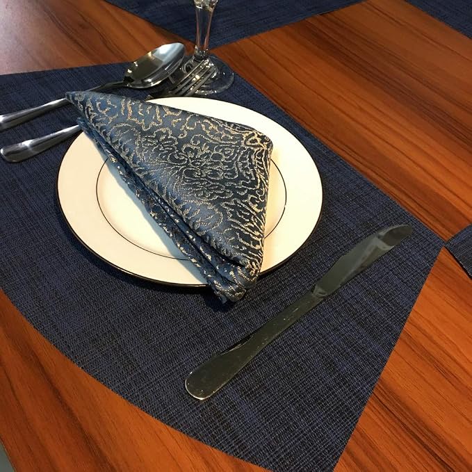Wedge Placemats,Set of 7 Vinyl Placemats for Round Tables Woven Non-Slip Heat-Resistant Easy to Clean Wipeable Washable Dinner Table Mats（Navy Blue）
