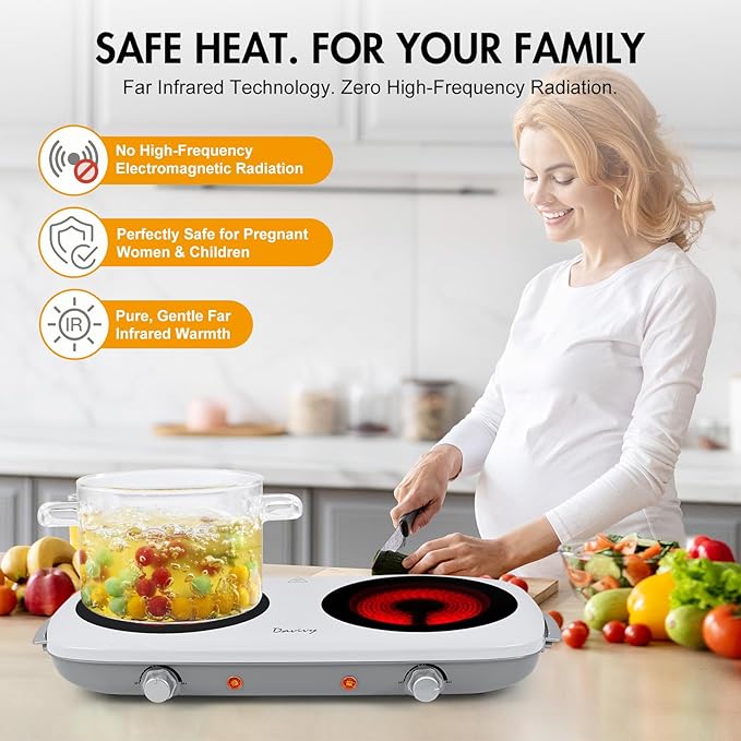 Davivy Double Burner Electric Hot Plate, 1800W (2x900W) Portable Electric Stove, 2-Burner Cooktop with Crystallite Ceramic Glass, Dual Heating Zones, Flexible Temp Control, for Kitchen, RV, Dorm
