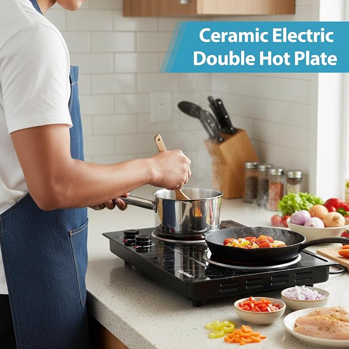 CUSIMAX Double Burner Electric Hot Plate for Cooking, 1800W, Black Marble | Portable Infrared Cooktop with Dual Temperature Control/Heat-up in Seconds/Overheating Protectio/Stainless Steel/Easy Cleanup