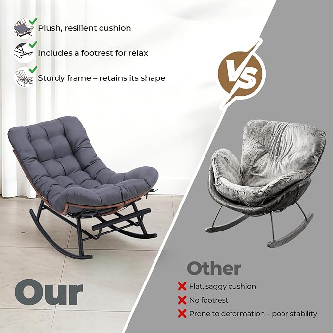 COMHOMA Outdoor Rocking Papasan Chair, Oversized Wicker Patio Rocker, Indoor Comfy Wicker Reading Lounge, Bed-Like Comfort Egg Chair for Bedroom,Balcony, Porch, Garden, Grey