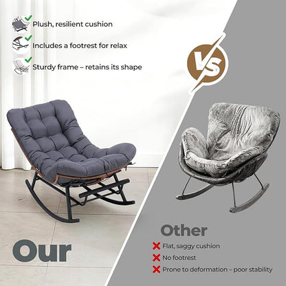 COMHOMA Outdoor Rocking Papasan Chair, Oversized Wicker Patio Rocker, Indoor Comfy Wicker Reading Lounge, Bed-Like Comfort Egg Chair for Bedroom,Balcony, Porch, Garden, Grey