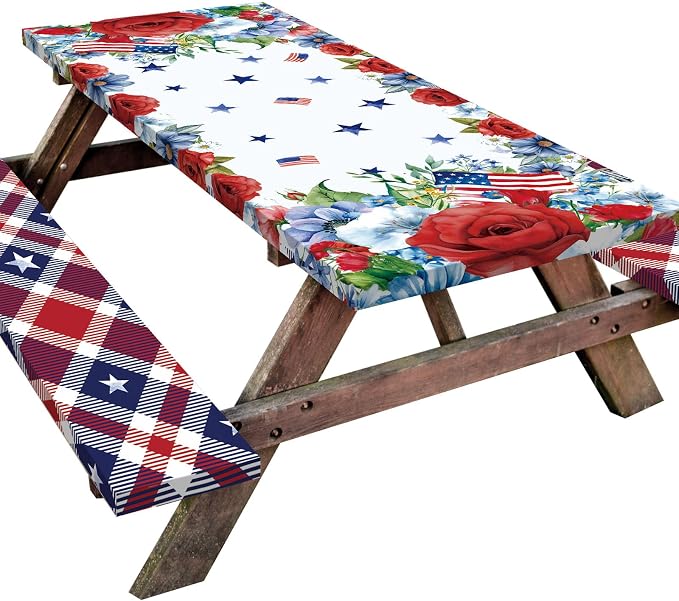 Cinrobiye 84 Inch Picnic Table Cover with Bench Covers, Fitted Elastic Waterproof Picnic Tablecloth with Bench Covers, Red White and Blue American Flag Table Cover for Camping, BBQ, Outdoor Parties