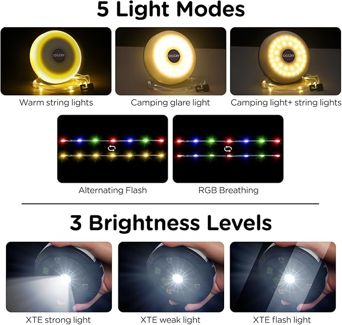 OGERY 3-Pack Camping String Lights, 4 in 1 Quick Storage 32.8FT Rechargeable Tent Lights String with 8 Lighting Modes, Hanging Waterproof Portable LED Lamp for Outdoor Patio Awning Party Essentials