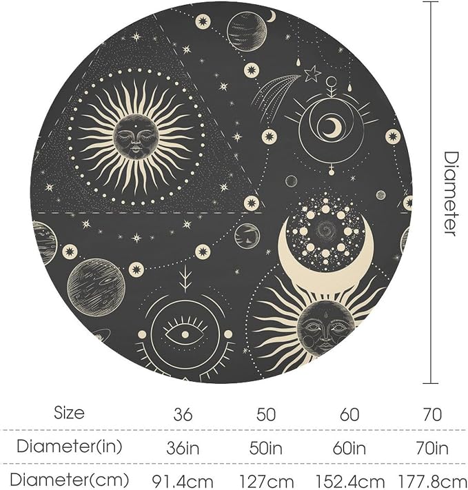 Sun Moon Round Tablecloth Boho Astrology Mystical Celestial Star Crescent Galaxy Space Table Cloth Water Resistant Wipeable Table Cover for Farmhouse Picnic Party Holiday Kitchen Dinner Table 60"
