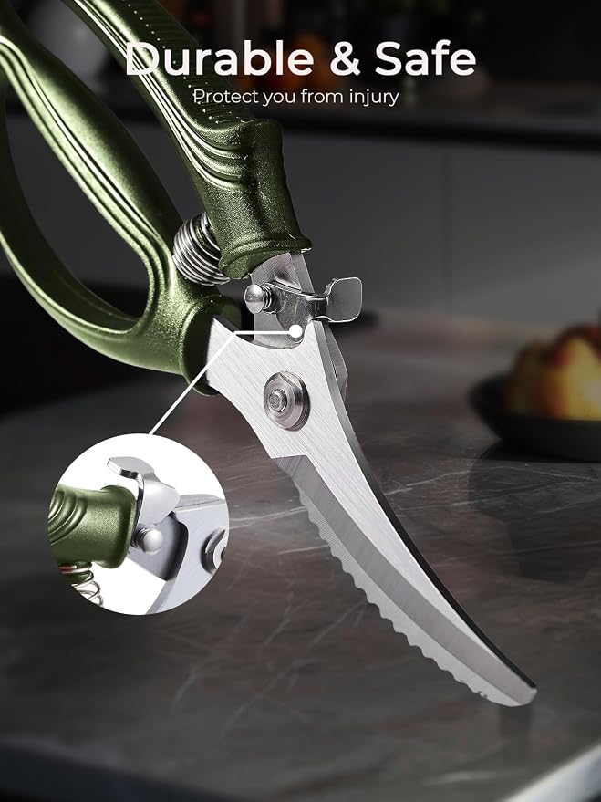 Poultry Shears, Heavy Duty Kitchen Shears With Anti-Slip Handle & Safety Lock, Poultry Scissors for Meat, Chicken, Bone,Turkey, Fish, Spring Loaded, Dishwasher Safe(Olive Green)