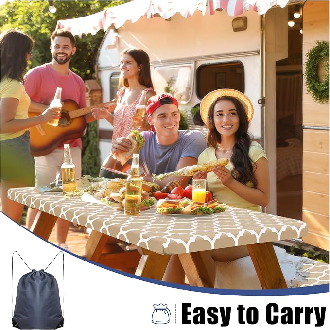 Smiry Picnic Table Cover with Bench Covers, Waterproof Elastic Fitted Tablecloth for 8 Foot Tables, Washable Polyester Tablecloths for Camping, Indoor & Outdoor (Khaki, 30x96 Inch 3-pc Set)