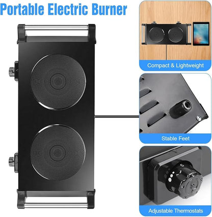 2000W Electric Dual Burner Portable Coil Heating Hot Plate Stove Countertop RV Hotplate with 5 Temperature Adjustments Porta-ble Handles