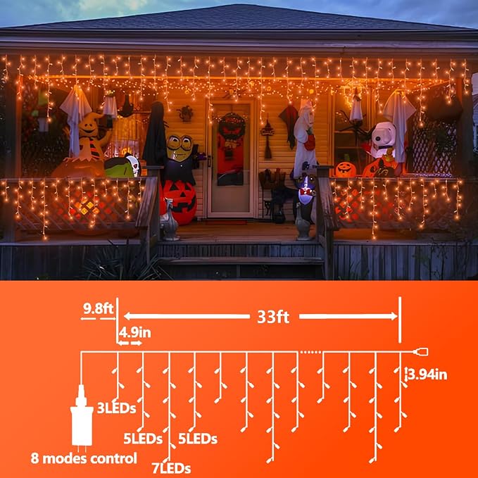 QITONG Orange Lights for Halloween, 33ft 400 LED Icicle Lights for Outside Plug in, Clear Wire Connectable String Light Indoor with 8 Modes
