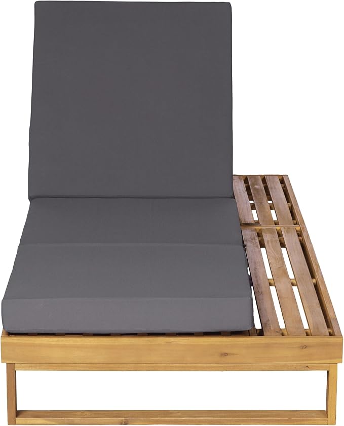 Merax Teak Finish Acacia Wood Chaise Lounge with 4-Inch Dark Grey 3-Fold Water-Resistant Cushion Set, 4-Position Adjustable Outdoor Patio Lounger with Flat Side Surface, for Poolside