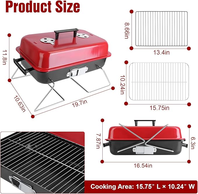 Portable Charcoal BBQ Grill, Foldable BBQ Grill with Grill Net & Lid, Easy Setup Barbecue Grill for Camping Picnic Outdoor Party Backyard (19.7x10.63x11.8in)