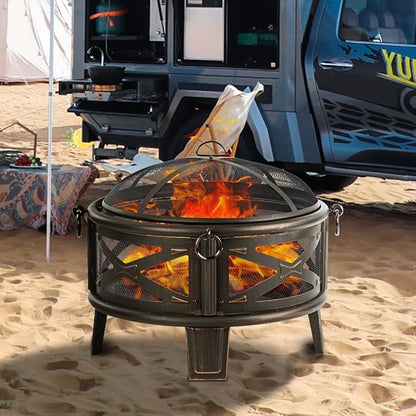 Breezz 26 Inch Wood Burning Fire Pit with Cooking Grill and Spark Screen, Outdoor Metal Round Firepit for Patio, Backyard, Bonfire Party, Camping