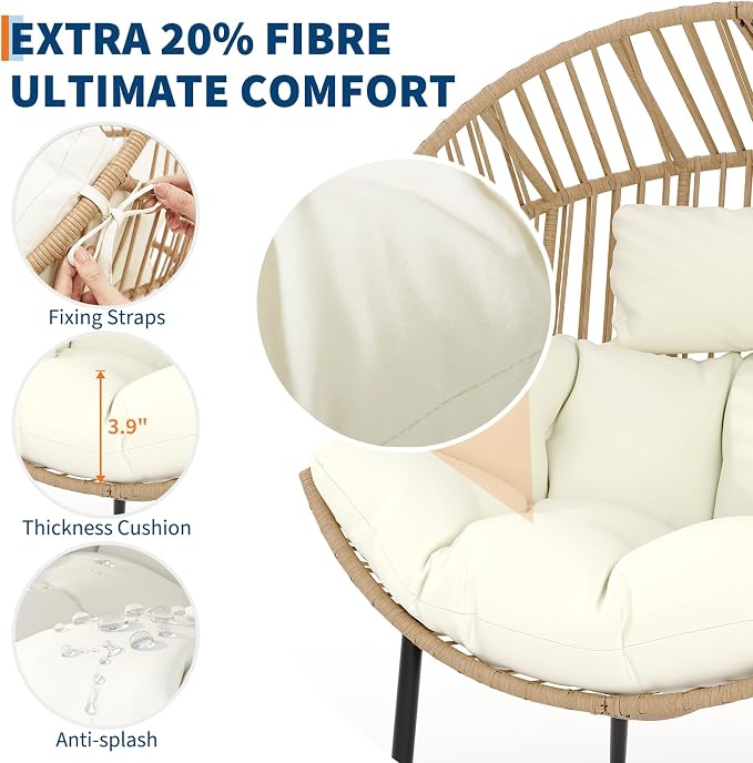 Garvee Outdoor Wicker Egg Chair with Extra-Soft Pillow and Thick Cushion | Oversized Ergonomic Rattan Lounge Rocker for Outdoor & Indoor, Living Room, Backyard & Garden – Cream Cushion, Wicker Frame