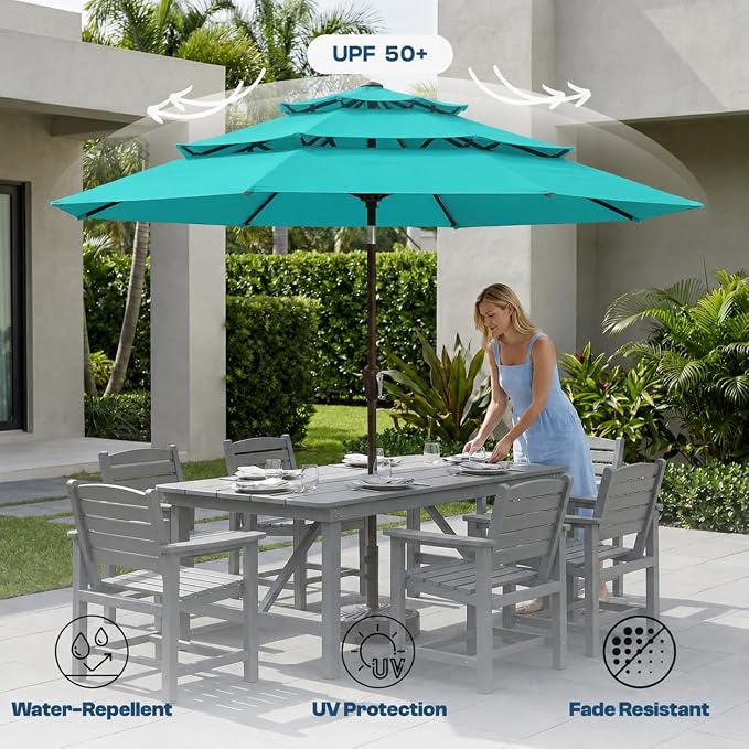 10ft Patio Umbrella, 3 Tier Outdoor Market Table Umbrellas with 8 Fiberglass Ribs and Push Button Tilt, Windproof, Vented Canopy, UV Protection for Deck, Pool, Backyard