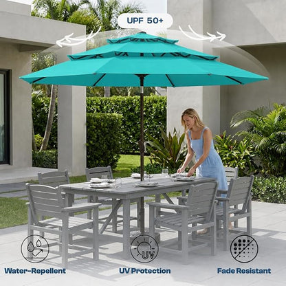 10ft Patio Umbrella, 3 Tier Outdoor Market Table Umbrellas with 8 Fiberglass Ribs and Push Button Tilt, Windproof, Vented Canopy, UV Protection for Deck, Pool, Backyard