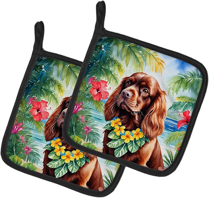 Caroline's Treasures Sussex Spaniel Luau Pair of Pot Holders Kitchen Heat Resistant Pot Holders Sets Oven Hot Pads for Cooking Baking BBQ, 7 1/2 x 7 1/2