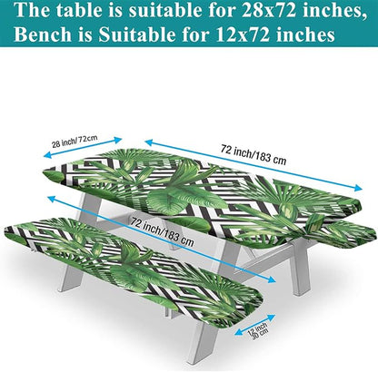 Palm Leaves Picnic Fitted Tablecloths and Bench Covers, Tropical Jungle Plant Leaf Print Elastic Edge Table Cover, 72x28 Inch, 3 Pcs Set Rectangle Tablecloths for Indoor Outdoor Dinner Party Patio Use
