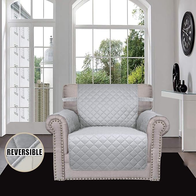 Easy-Going Chair Sofa Slipcover Reversible Sofa Cover Water Resistant Couch Cover Furniture Protector Cover with Elastic Straps for Pets Kids Children Dog Cat (Chair, Light Gray/Ivory) | Machine Washable Slipcover For Dogs, Water Resistant Furniture Ma...