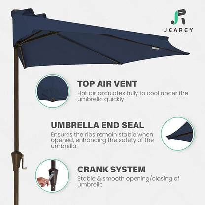 JEAREY 9ft Half Umbrella Outdoor Patio Umbrella Market Umbrella with Crank, 1/2 Round Wall Umbrella 5 Sturdy Ribs UV Protection for Pool Garden Balcony Deck, Purplish Blue