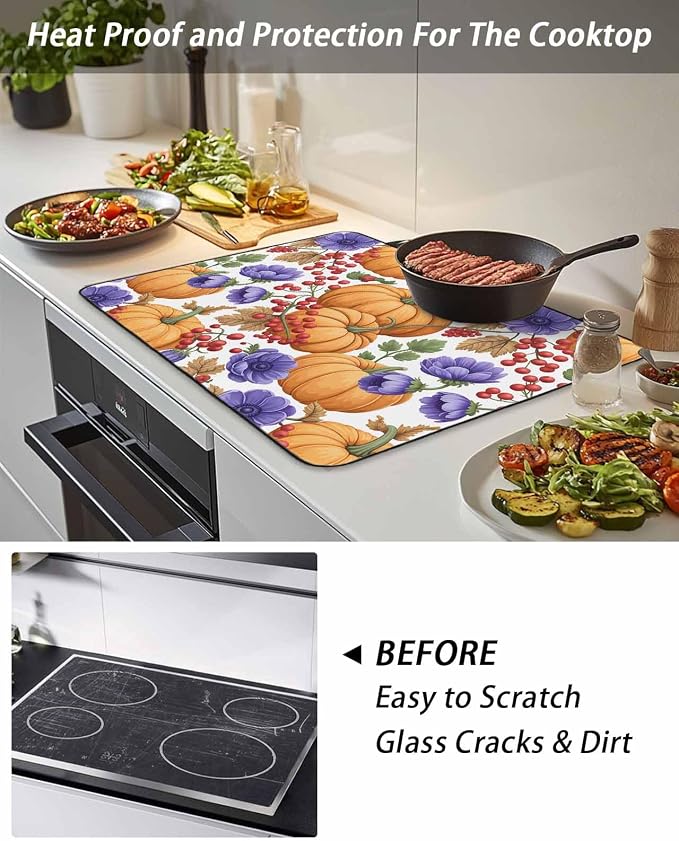 Orange Pumpkin Fall Stove Top Cover for Electric Stove, Thanksgiving Purple Floral Farmhouse Heat-proof & Non Slip Glass Top Stove Cover Protector, Kitchen Flat Cooktop Rubber Mat 28.5x20.5 Inches