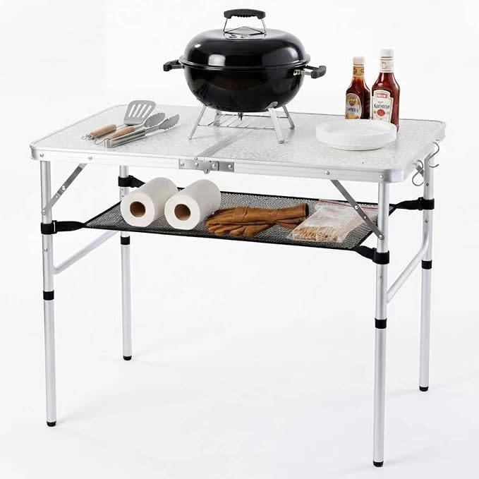 YUFIFAIRY Aluminum Camp Table, 36''L x24''W Folding Table Portable | Lightweight Foldable, Storage Net, Carry Handle, 2 Adjustable Height16"/28", For Indoor, Outdoor, Cooking, Picnic