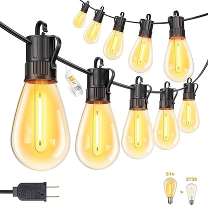 Minetom 53FT Outdoor String LED Patio Lights Waterproof,Shatterproof S14 Vintage Edison Bulbs,Commercial Grade Outside Hanging Lights Waterproof for Porch Deck Garden Backyard Balcony Cafe Bistro