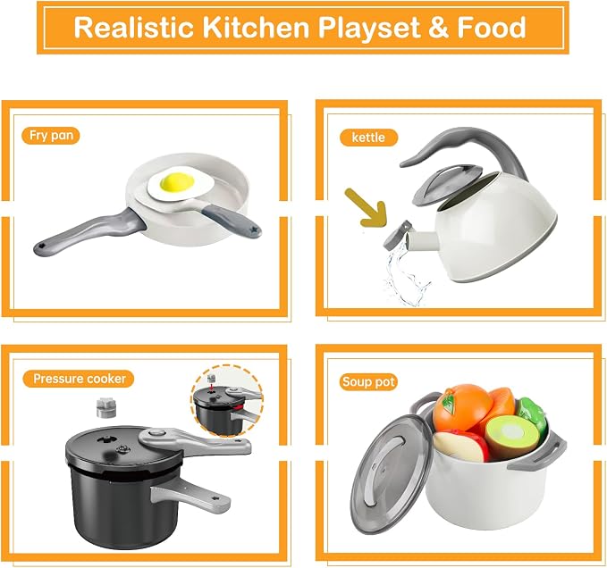 105Pcs Kids Kitchen Toy Accessories, Toddler Pretend BBQ Camping Cooking Playset, Play Pots, Pans, Utensils Cookware Toys, Play Food Set, Vegetables, Learning Gift for Girls Boys