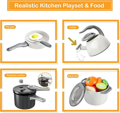 105Pcs Kids Kitchen Toy Accessories, Toddler Pretend BBQ Camping Cooking Playset, Play Pots, Pans, Utensils Cookware Toys, Play Food Set, Vegetables, Learning Gift for Girls Boys