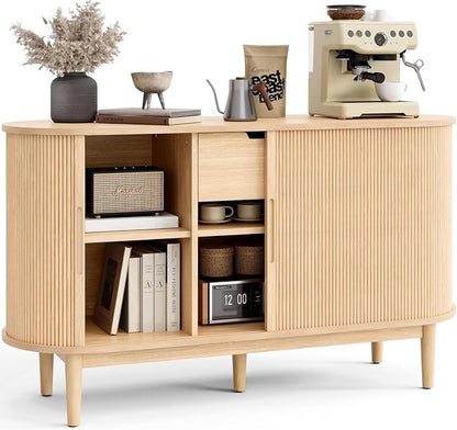 LINSY HOME 55" Sideboard Buffet Cabinet,Tambour Sliding Doors & Drawer | Oak Fluted Coffee Bar Cabinet with Large Storage, Mid Century Modern Wood Storage Buffet Table for Kitchen, Living Room