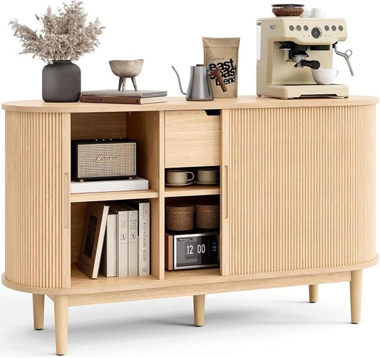 LINSY HOME 55" Sideboard Buffet Cabinet,Tambour Sliding Doors & Drawer | Oak Fluted Coffee Bar Cabinet with Large Storage, Mid Century Modern Wood Storage Buffet Table for Kitchen, Living Room