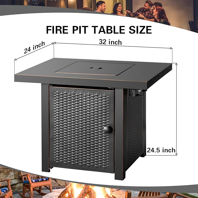 OutVue 32 Inch Propane Fire Pit Table, Outdoor Gas Fire Pits with 2 Drink Holders, Lid & Lava Rock, 50000 BTU Firepit Table for Dinning, Party in Outside, Patio, Garden or Yard