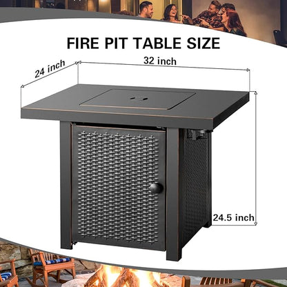 OutVue 32 Inch Propane Fire Pit Table, Outdoor Gas Fire Pits with 2 Drink Holders, Lid & Lava Rock, 50000 BTU Firepit Table for Dinning, Party in Outside, Patio, Garden or Yard