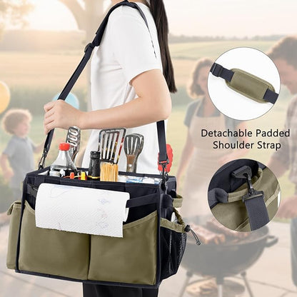 Large Grill Caddy with Paper Towel Holder – Collapsible BBQ Organizer for Camping, Tailgating, RV, Boating – Grilling Gifts for Men – Griddle Tote Bag with Shoulder Strap – Outdoor Essentials