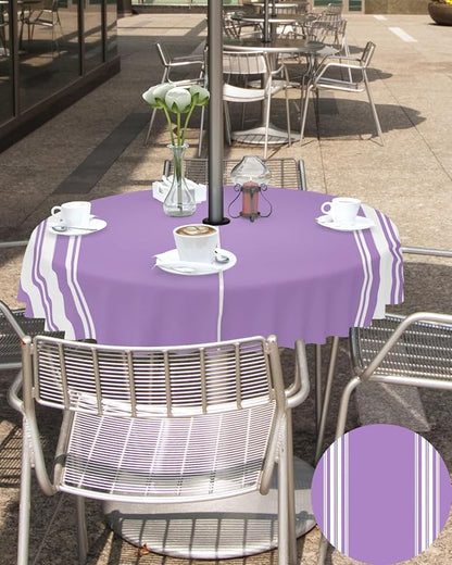 QueenKer Farmhouse Outdoor Tablecloth with Umbrella Hole, Purple White Stripe Round Tables Zippered Table Cloth Waterproof Tabletop Table Cover Collection for Patio, Garden, Picnic, Camping, Dining
