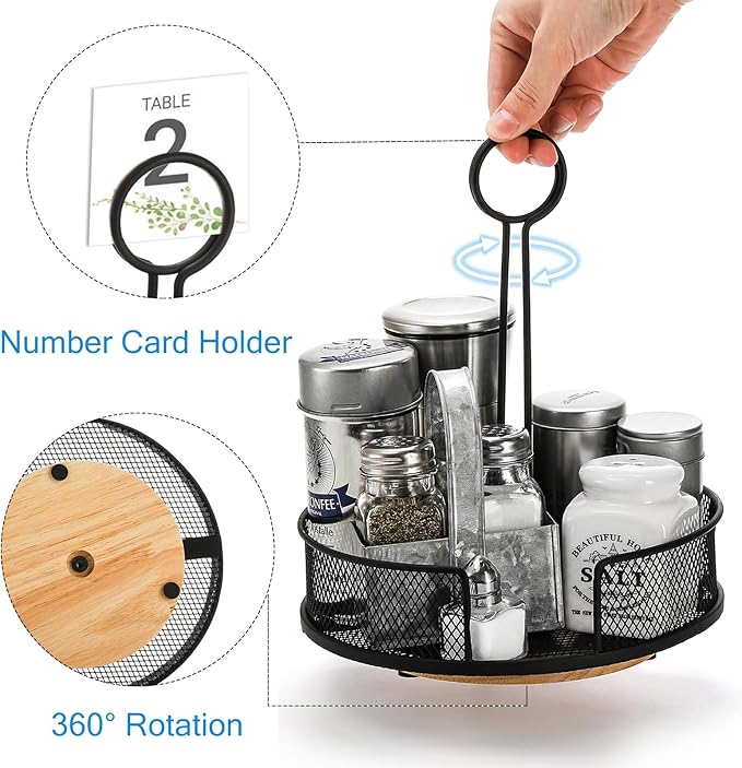 Yesland 2 Pack Metal Rotating Condiment Caddy with Number Card Holder, 7.75 Inch Round Caddy with Wooden Base, Black Coated Table Seasoning Organizer for Grill Outdoors, Dining Table, BBQ