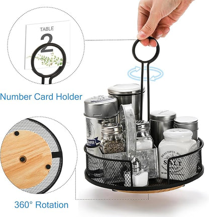 Yesland 2 Pack Metal Rotating Condiment Caddy with Number Card Holder, 7.75 Inch Round Caddy with Wooden Base, Black Coated Table Seasoning Organizer for Grill Outdoors, Dining Table, BBQ