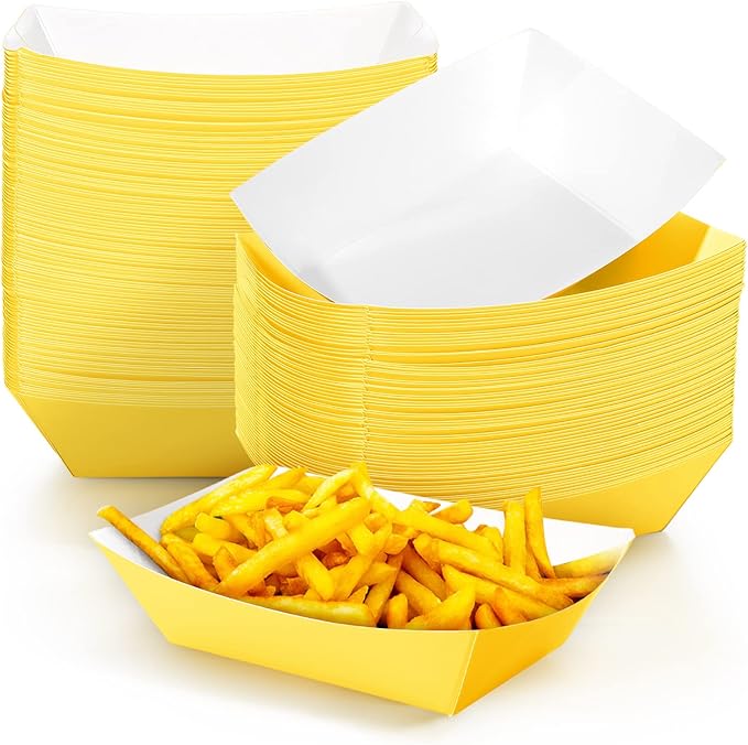 100 Pcs 2lb Paper Food Trays Boat Nacho Boats for Hot Dogs, Yellow | Grease-Resistant, Disposable Kraft Paper Boat for Tacos Concession, Food Trucks, Birthday, Wedding, Christmas, Halloween
