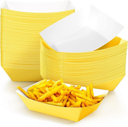 100 Pcs 2lb Paper Food Trays Boat Nacho Boats for Hot Dogs, Yellow | Grease-Resistant, Disposable Kraft Paper Boat for Tacos Concession, Food Trucks, Birthday, Wedding, Christmas, Halloween