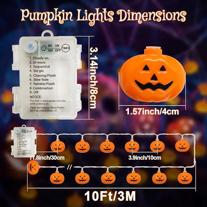 Halloween Lights Battery Operated, Pumpkin String Lights Outdoor | 10Ft, 20LED, Timer, 8 Modes, Clear Wire, 3D Plastic Pumpkin, Waterproof, Orange Cute Decor for Patio Yard Party Home