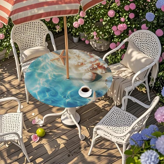 AUUXVA Round Outdoor Tablecloth with Umbrella Hole - Waterproof Patio Table Cover with Zipper Elastic Table Cloth Fits 45"-56" Tables for Party Cafe Garden Decor(Ocean Shells Starfish)