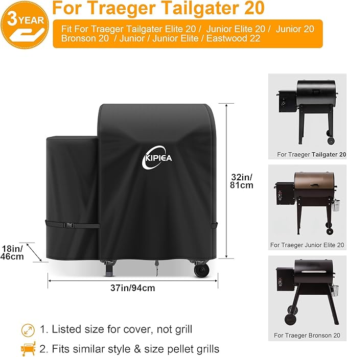 Kipiea 600D Heavy Duty Grill Cover for Traeger Tailgater 20, Waterproof Wood Pellet Smoker Cover with Windproof Buckles, Pellet BBQ Grill Covers for Outside Anti-UV, No Tear, No Fading