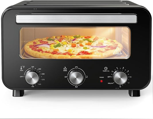 DUMOS Pizza Oven Indoor, 1600W Electric Pizza Maker Fast Heating, 4 Modes for 12 Inches Pizzas, with Stone & Spatula, Upper-Bottom Independent Heating Temperature Control
