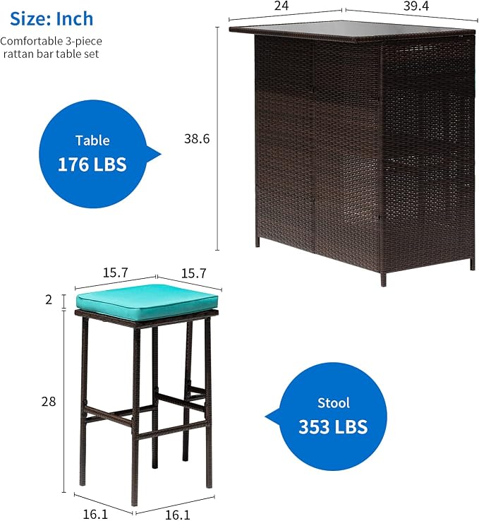 3PCS Patio Bar Set Outdoor Furniture Set Wicker Bistro Set with Two Stools for Patio Backyard Balcony,Blue Cushion