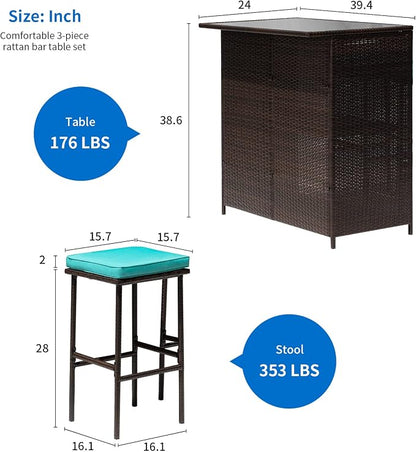 3PCS Patio Bar Set Outdoor Furniture Set Wicker Bistro Set with Two Stools for Patio Backyard Balcony,Blue Cushion